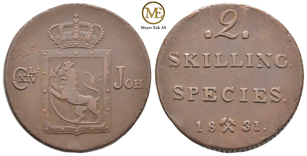 2 skilling 1831 Carl XIV Johan. Kv.1+