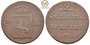 2 skilling 1831 Carl XIV Johan. Kv.1+