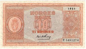 10 kroner 1951 P.5481274. Kv.0