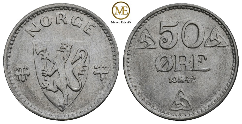 50 øre 1942 zink. Haakon VII. Prakteksemplar