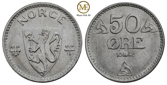 50 øre 1942 zink. Haakon VII. Prakteksemplar