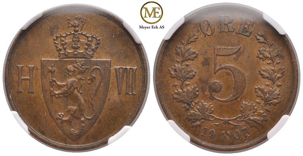 5 øre 1907 Haakon VII. Kv.0/01