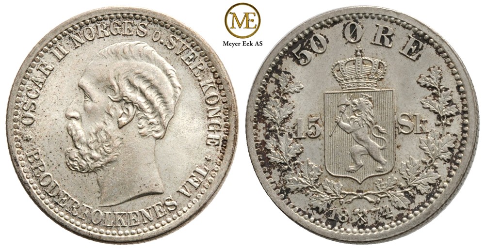 50 øre/15 Sk. 1874 Oscar II. Kv.0