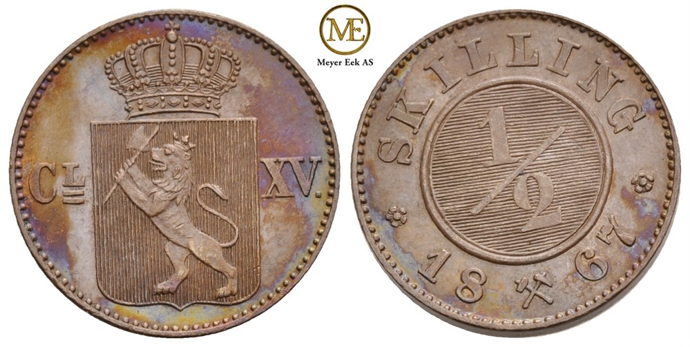 1/2 skilling 1867 Carl XV. NM.24. Kv.0