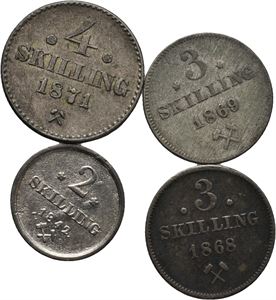 Lot. 4 skilling 1871, 3 sk. 1868, 1869 og 2 sk.1842. VK.