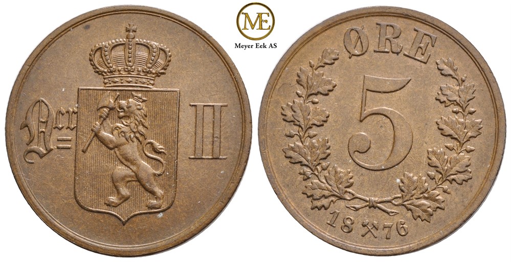 5 øre 1876 Oscar II. Kv.0