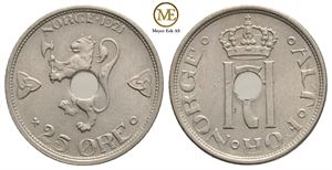 25 øre 1921 Haakon VII. Med hull. Kv.01