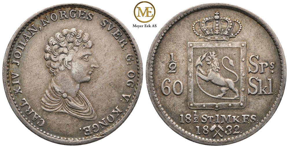 1/2 speciedaler 1832 Carl XIV Johan. Kv.1+