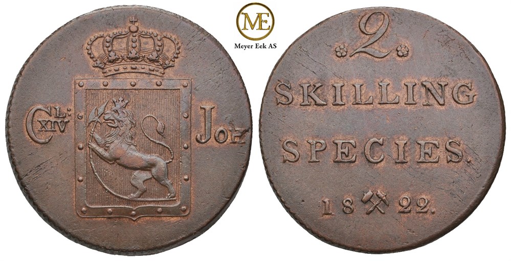 2 skilling 1822 Carl XIV Johan. Kv.0/01