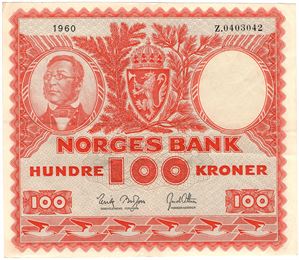 100 kroner 1960 Z. Erstatningsseddel. Kv.1