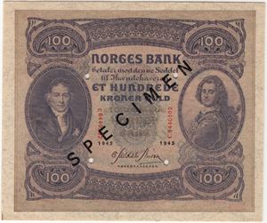 100 kroner 1945 C.6440592. Specimen. 65 EPQ