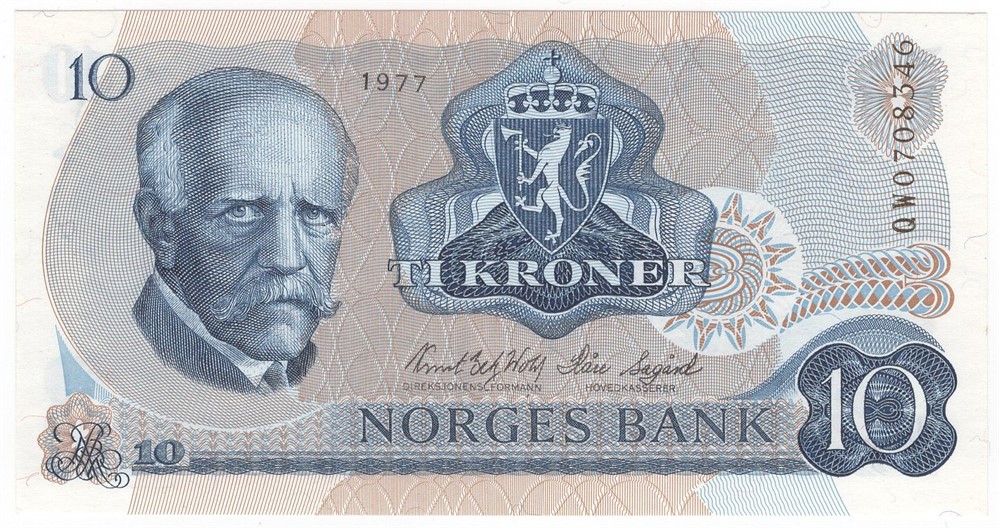 10 kroner 1977 QW erstatningsseddel. Kv.0