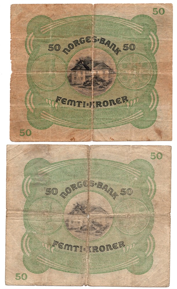50 kroner 1922 A. og 1934 B. Kv.1-/2