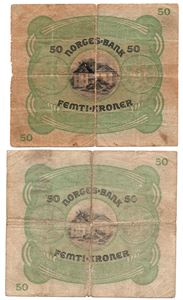 50 kroner 1922 A. og 1934 B. Kv.1-/2