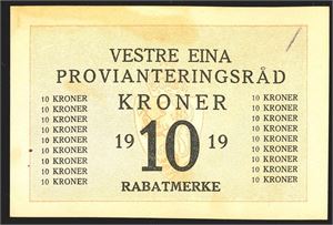 Vestre Eina provianteringsraad 10 kr 1919 kv. 0/01