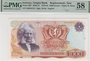 1000 kroner 1980 X.0848135 erstatningsseddel. Kv.01