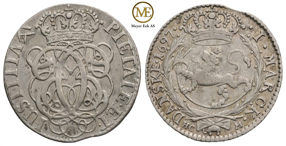 1 mark 1697 Christian V. Kv.1+