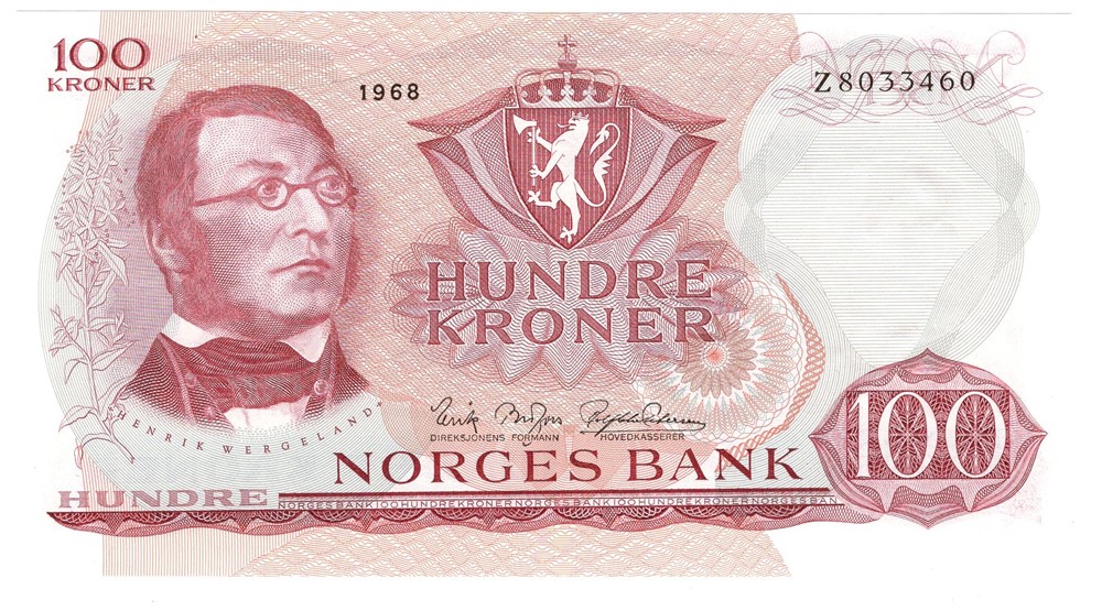 100 kroner 1968 Z.8033460. 8-million erstatningsseddel. S-seddel. Kv.0