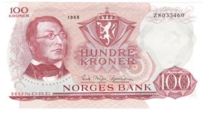 100 kroner 1968 Z.8033460. 8-million erstatningsseddel. S-seddel. Kv.0