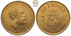 20 kroner/5 Spd. 1875 Oscar II. Kv.0/01