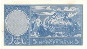 5 kroner 1957 Z.0109883 erstatningsseddel. Kv.01