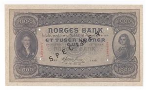 1000 kroner 1943 A specimen m/seddelnr. ex. OMH 20.11.10