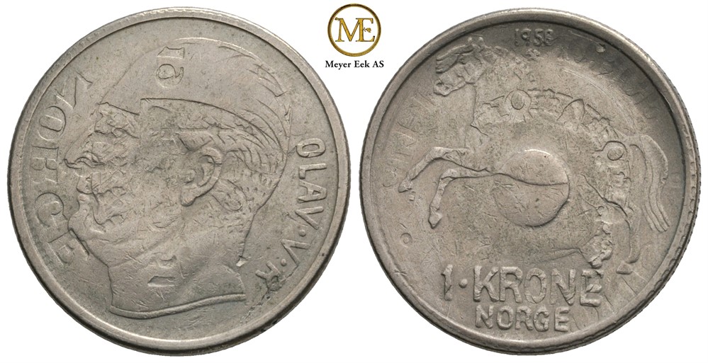 1 krone 1951 med tosidig dobbeltpreg av 1958