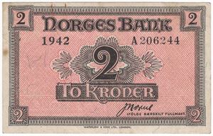 2 kroner 1942 A.206244. London utg. Kv.1/1+