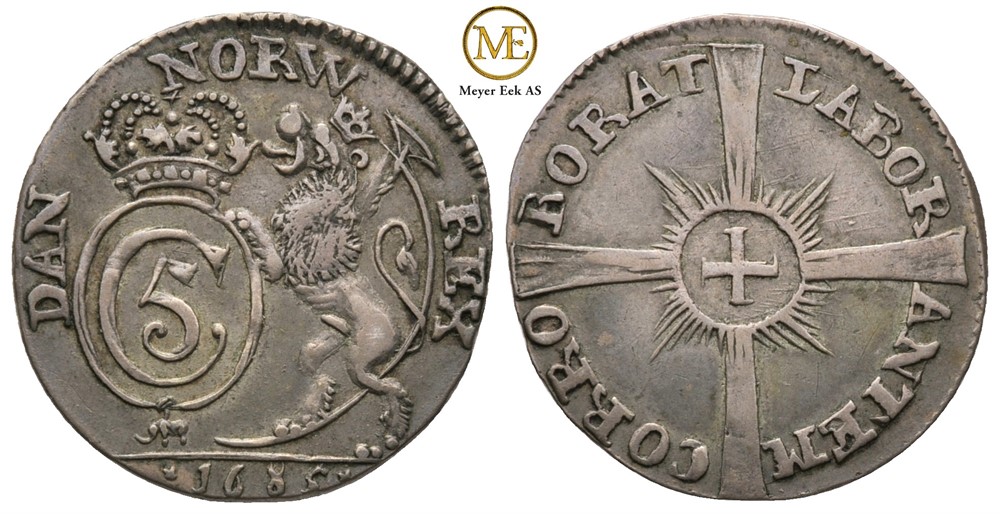 8 skilling 1685 Christian V. Kv.1+