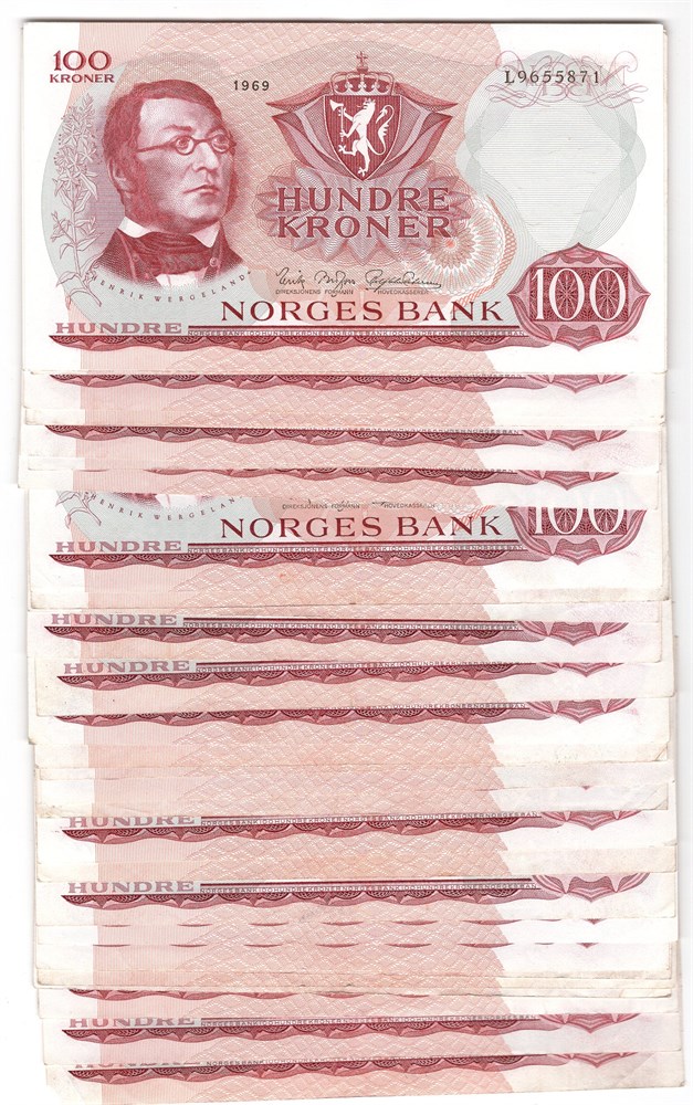 Stor Lot. 100 kroner 1969 K og L. 74 stk. VK