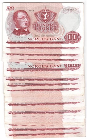 Stor Lot. 100 kroner 1969 K og L. 74 stk. VK