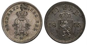 10 øre 1875 Oscar II. Kv.1+/01