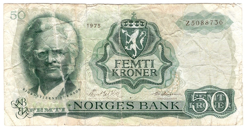 50 kroner 1975 Z.5088736 5-million erstatningsseddel. RRR-seddel. Kv.1-/2