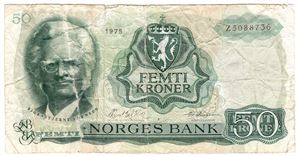 50 kroner 1975 Z.5088736 5-million erstatningsseddel. RRR-seddel. Kv.1-/2