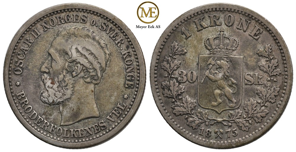 1 krone/30 skilling 1875 Oscar II. Kv.1/1+