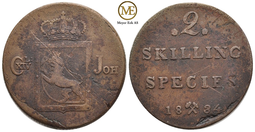 2 skilling 1834 Carl XIV Johan. Kv.1/1+