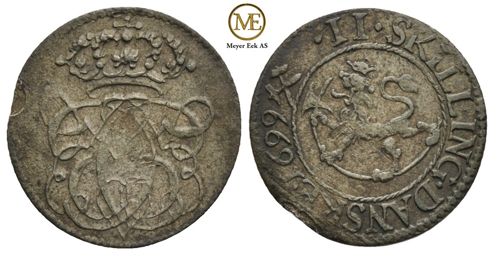 2 skilling 1699 Christian V. Kv.1+