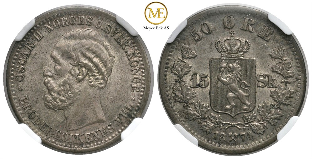 50 øre/15 skilling 1874 Oscar II. Kv.01