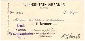 A/S Forretningsbanken Namsos. 10 kroner. Kv.1+