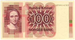 100 kroner 1977 HP. Erstatningsseddel. Kv.0