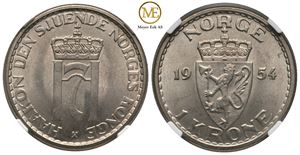 1 krone 1954 Haakon VII. MS65. Kv.0