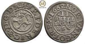 2 skilling 1662 Frederik III. Ukjent i schou. Kv.1+