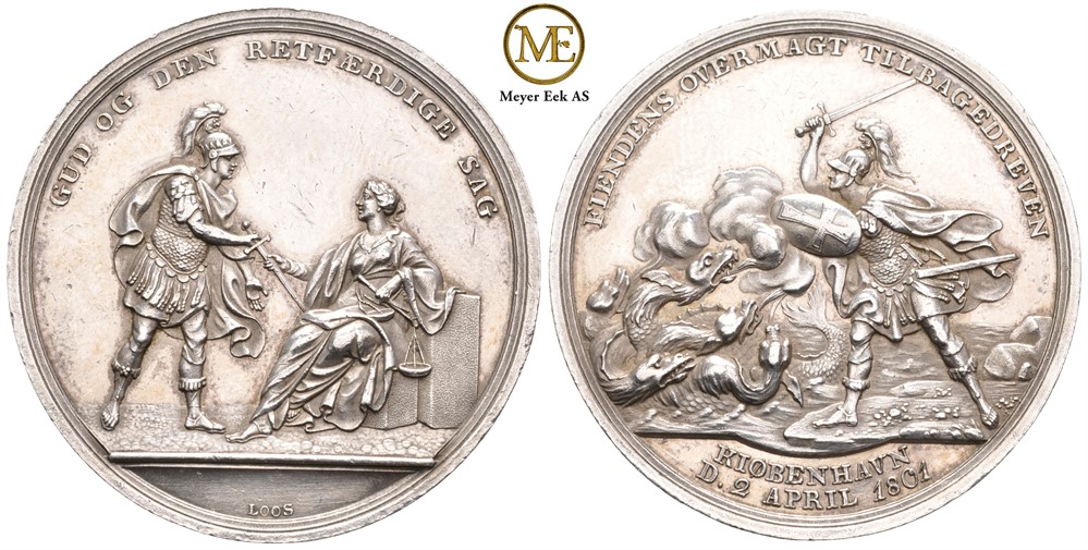 Christian VII og Slaget på Københavns red. 2 April 1801Sølv, Loos. 39mm. Renset. Kv.01