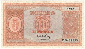 10 kroner 1951 P.5481235. Kv.0