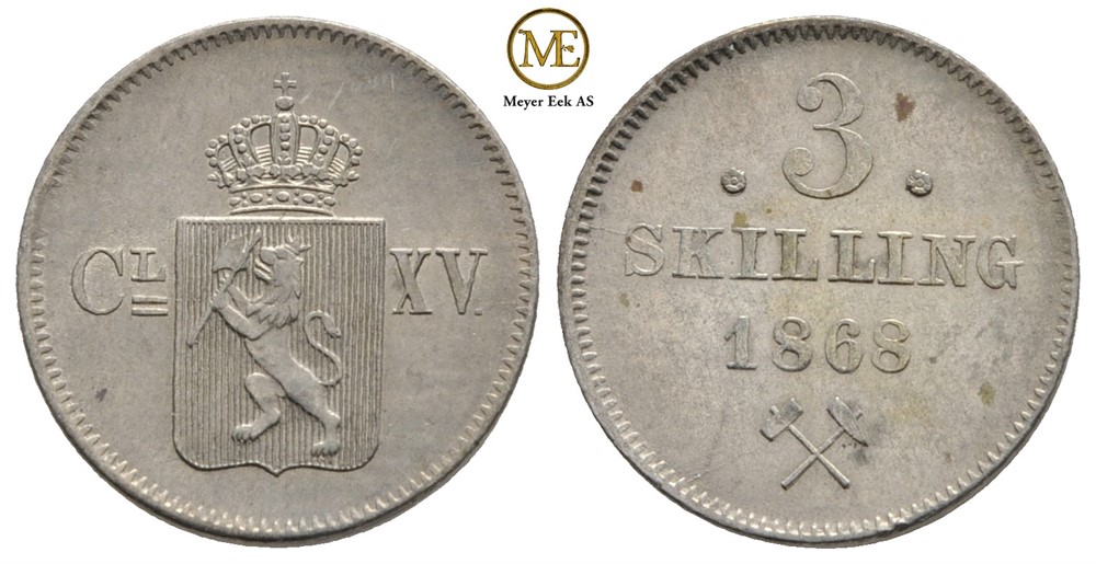 3 skilling 1868 Carl XV. NM.18. Kv.0/01