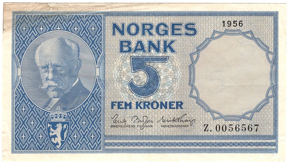 5 kroner 1956 Z.0056567 erstatningsseddel. Kv.1+