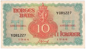 10 kroner 1944 Y.081227. London utg.Kv.1+