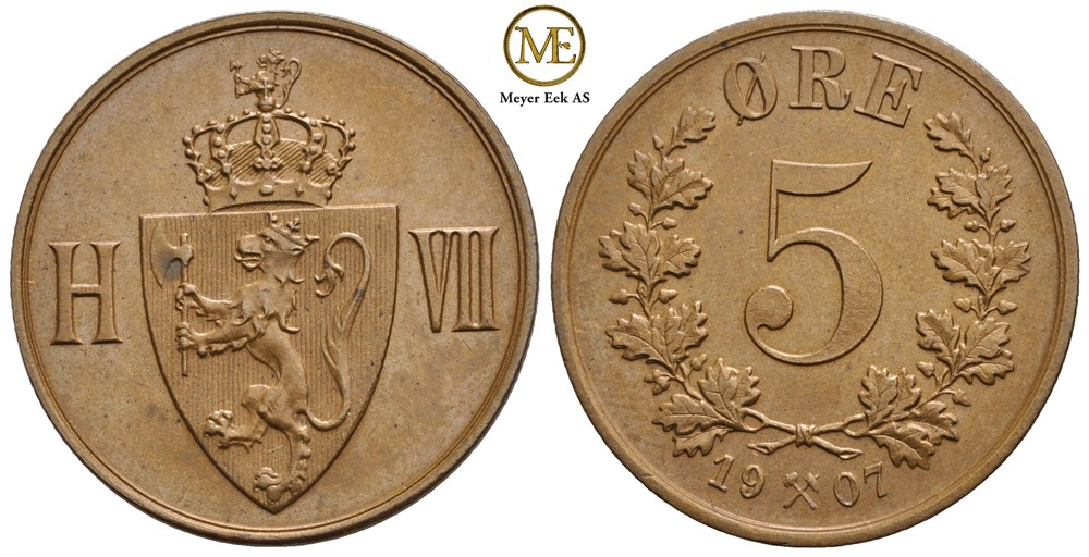 5 øre 1907 Haakon VII. Kv.0