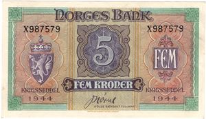 5 kroner 1944 X.987579. Kv.01