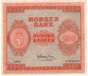 100 kroner 1945 Z.8036458. Erstatningsseddel. Kv.01